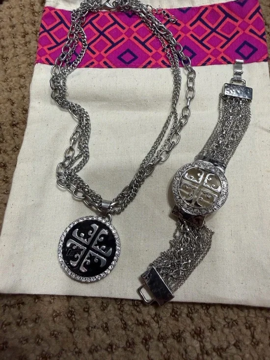 Silver Tone Pendant Necklace and Chain Bracelet Set - Black Accent - Picture 6 of 10